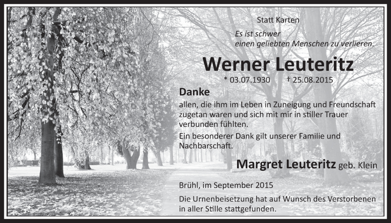  Traueranzeige für Werner Leuteritz vom 30.09.2015 aus  Schlossbote/Werbekurier 