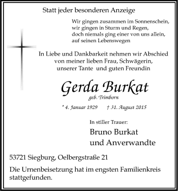 Anzeige von Gerda Burkat von Kölner Stadt-Anzeiger / Kölnische Rundschau / Express