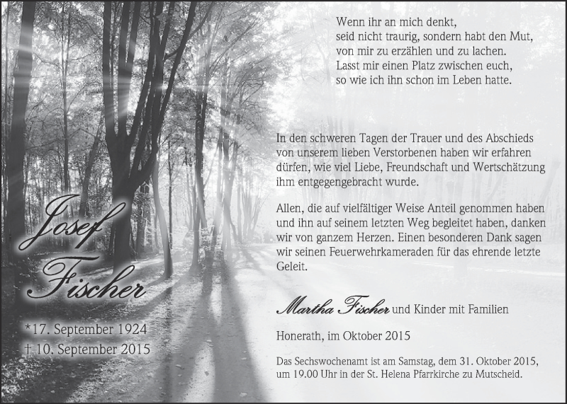  Traueranzeige für Josef Fischer vom 18.10.2015 aus  Blickpunkt Euskirchen 