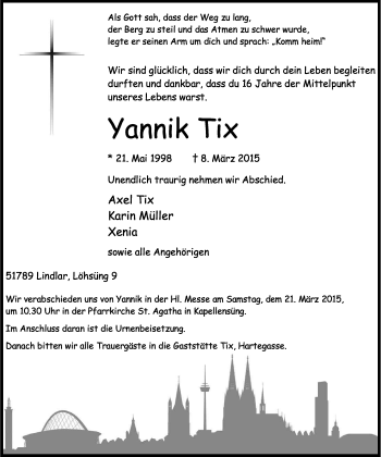 Anzeige von Yannik Tix von Kölner Stadt-Anzeiger / Kölnische Rundschau / Express
