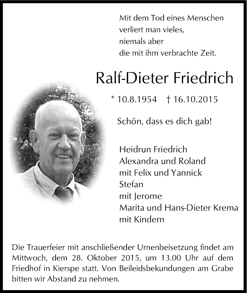  Traueranzeige für Ralf-Dieter Friedrich vom 21.10.2015 aus Kölner Stadt-Anzeiger / Kölnische Rundschau / Express