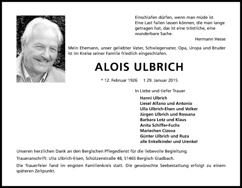  Traueranzeige für Alois Ulbrich vom 07.02.2015 aus Kölner Stadt-Anzeiger / Kölnische Rundschau / Express