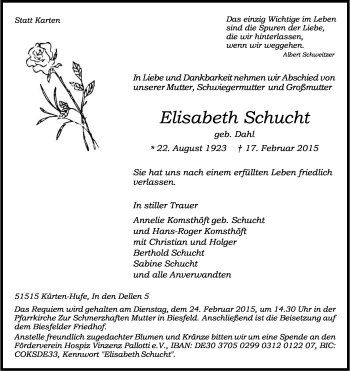 Anzeige von Elisabeth Schucht von Kölner Stadt-Anzeiger / Kölnische Rundschau / Express