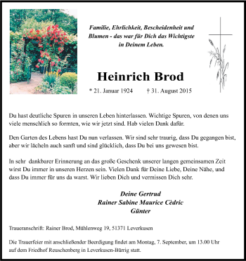 Anzeige von Heinrich Brod von Kölner Stadt-Anzeiger / Kölnische Rundschau / Express
