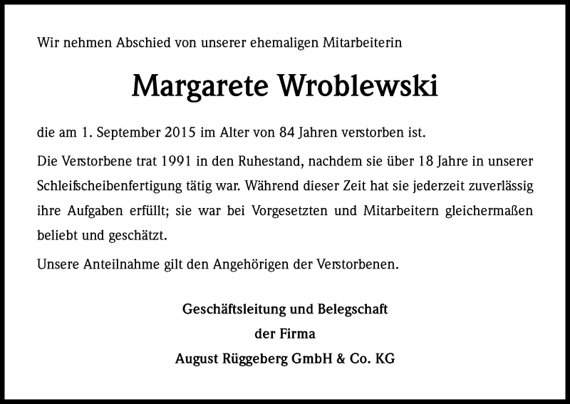  Traueranzeige für Margarete Wroblewski vom 08.09.2015 aus Kölner Stadt-Anzeiger / Kölnische Rundschau / Express