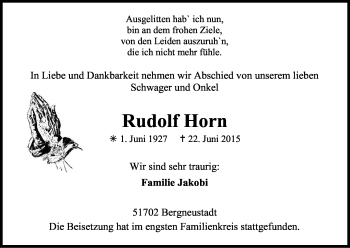 Anzeige von Rudolf Horn von Kölner Stadt-Anzeiger / Kölnische Rundschau / Express