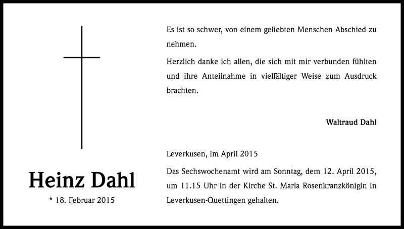 Traueranzeige für Heinz Dahl vom 04.04.2015 aus Kölner Stadt-Anzeiger / Kölnische Rundschau / Express