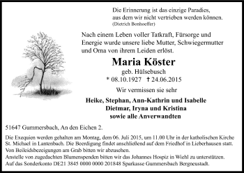 Anzeige von Maria Köster von Kölner Stadt-Anzeiger / Kölnische Rundschau / Express