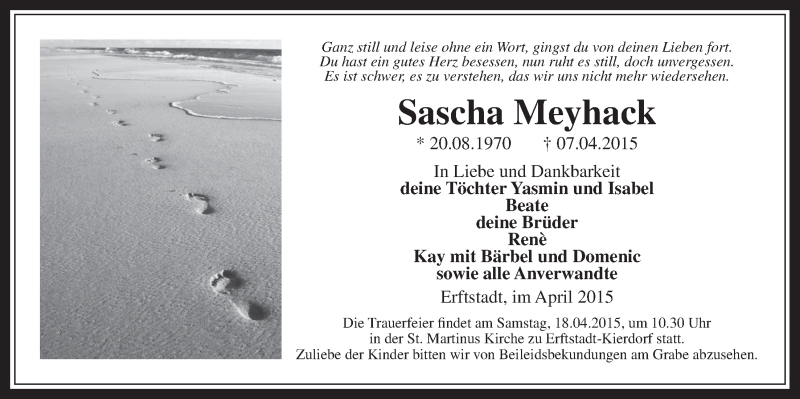  Traueranzeige für Sascha Meyhack vom 15.04.2015 aus  Werbepost 