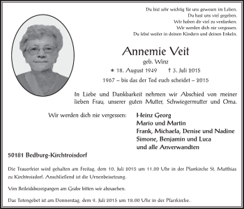 Anzeige von Annemie Veit von  Werbepost 