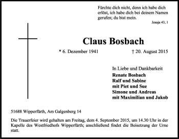 Anzeige von Claus Bosbach von Kölner Stadt-Anzeiger / Kölnische Rundschau / Express