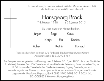 Anzeige von Hansgeorg Brock von Kölner Stadt-Anzeiger / Kölnische Rundschau / Express