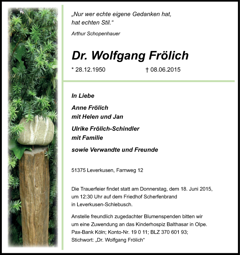  Traueranzeige für Wolfgang Frölich vom 13.06.2015 aus Kölner Stadt-Anzeiger / Kölnische Rundschau / Express