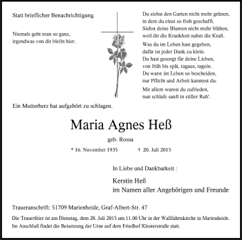 Anzeige von Maria Agnes Heß von Kölner Stadt-Anzeiger / Kölnische Rundschau / Express