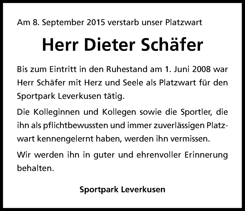  Traueranzeige für Dieter Schäfer vom 05.10.2015 aus Kölner Stadt-Anzeiger / Kölnische Rundschau / Express