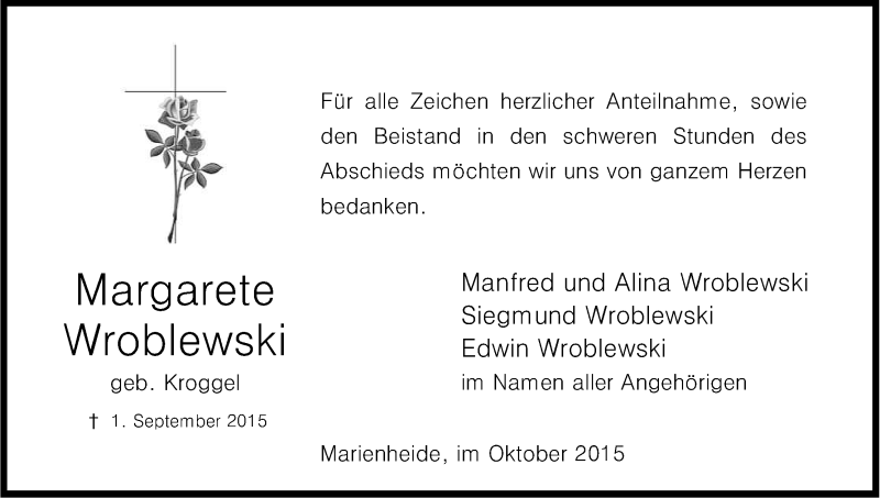  Traueranzeige für Margarete Wroblewski vom 28.10.2015 aus Kölner Stadt-Anzeiger / Kölnische Rundschau / Express