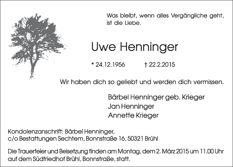  Traueranzeige für Uwe Henninger vom 25.02.2015 aus  Schlossbote/Werbekurier 