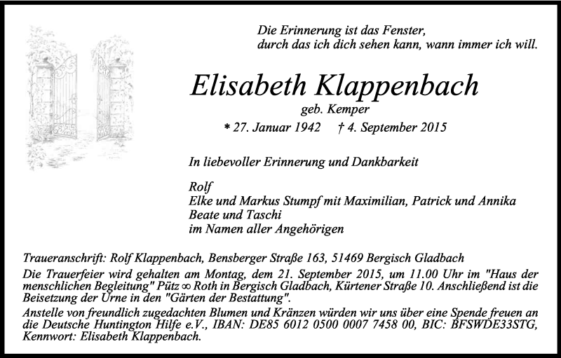  Traueranzeige für Elisabeth Klappenbach vom 12.09.2015 aus Kölner Stadt-Anzeiger / Kölnische Rundschau / Express