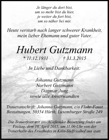 Anzeige von Hubert Gutzmann von Kölner Stadt-Anzeiger / Kölnische Rundschau / Express