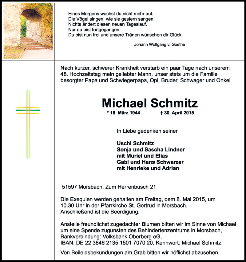  Traueranzeige für Michael Schmitz vom 06.05.2015 aus Kölner Stadt-Anzeiger / Kölnische Rundschau / Express