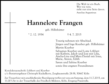 Anzeige von Hannelore Frangen von Kölner Stadt-Anzeiger / Kölnische Rundschau / Express