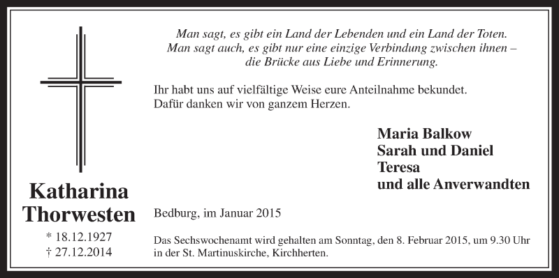  Traueranzeige für Katharina Thorwesten vom 28.01.2015 aus  Werbepost 