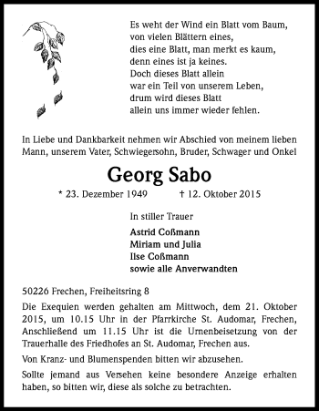 Anzeige von Georg Sabo von Kölner Stadt-Anzeiger / Kölnische Rundschau / Express