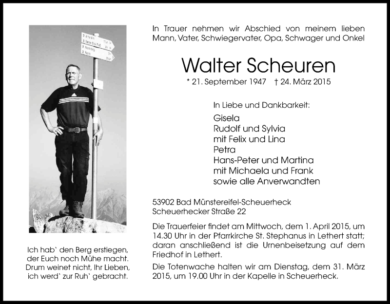  Traueranzeige für Walter Scheuren vom 28.03.2015 aus Kölner Stadt-Anzeiger / Kölnische Rundschau / Express