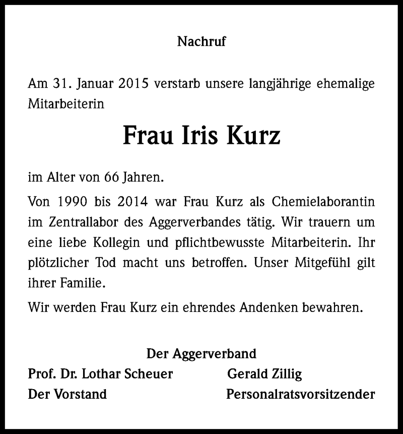  Traueranzeige für Iris Kurz vom 11.02.2015 aus Kölner Stadt-Anzeiger / Kölnische Rundschau / Express