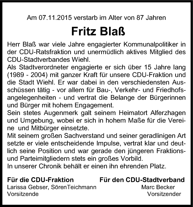  Traueranzeige für Fritz Blaß vom 14.11.2015 aus Köln - Wir Trauern