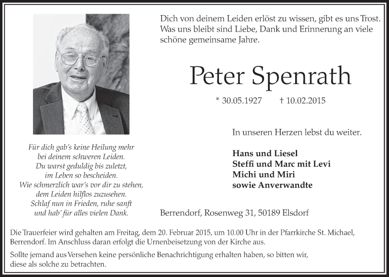  Traueranzeige für Peter Spenrath vom 14.02.2015 aus  Sonntags-Post 