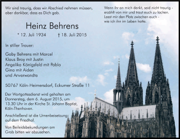 Anzeige von Heinz Behrens von Kölner Stadt-Anzeiger / Kölnische Rundschau / Express