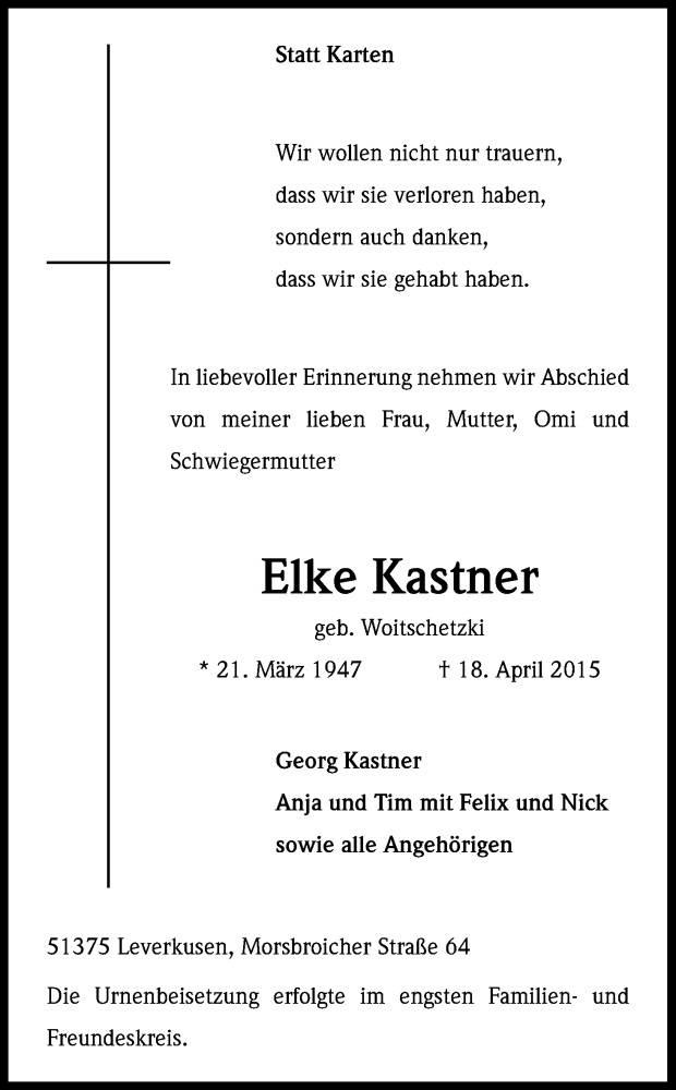  Traueranzeige für Elke Kastner vom 02.05.2015 aus Kölner Stadt-Anzeiger / Kölnische Rundschau / Express