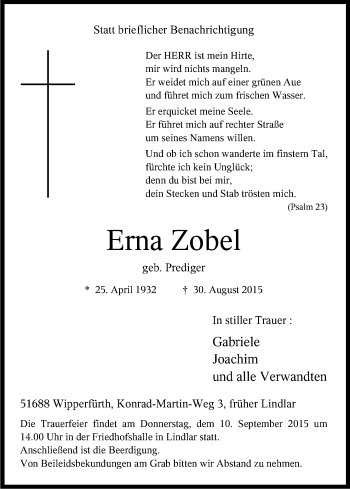 Anzeige von Erna Zobel von Kölner Stadt-Anzeiger / Kölnische Rundschau / Express