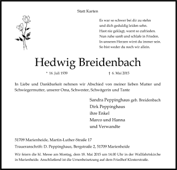 Anzeige von Hedwig Breidenbach von Kölner Stadt-Anzeiger / Kölnische Rundschau / Express