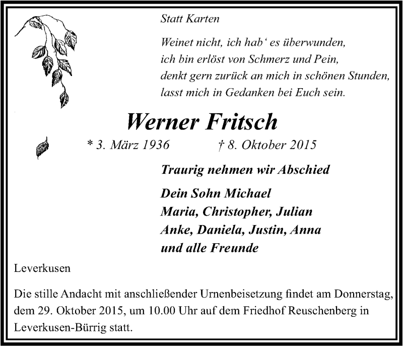  Traueranzeige für Werner Fritsch vom 24.10.2015 aus Kölner Stadt-Anzeiger / Kölnische Rundschau / Express
