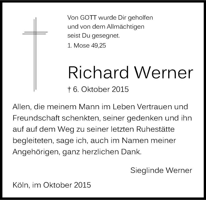  Traueranzeige für Richard Werner vom 24.10.2015 aus Kölner Stadt-Anzeiger / Kölnische Rundschau / Express
