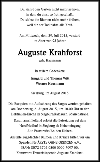 Anzeige von Auguste Krahforst von Kölner Stadt-Anzeiger / Kölnische Rundschau / Express