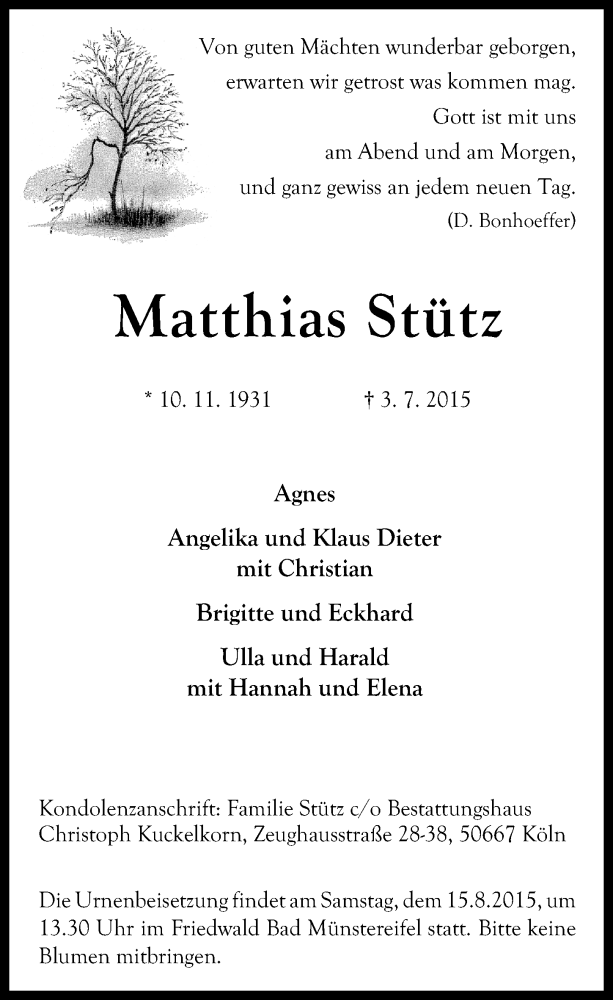  Traueranzeige für Matthias Stütz vom 29.07.2015 aus  Schlossbote/Werbekurier 