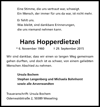 Anzeige von Hans Hopperdietzel von Kölner Stadt-Anzeiger / Kölnische Rundschau / Express