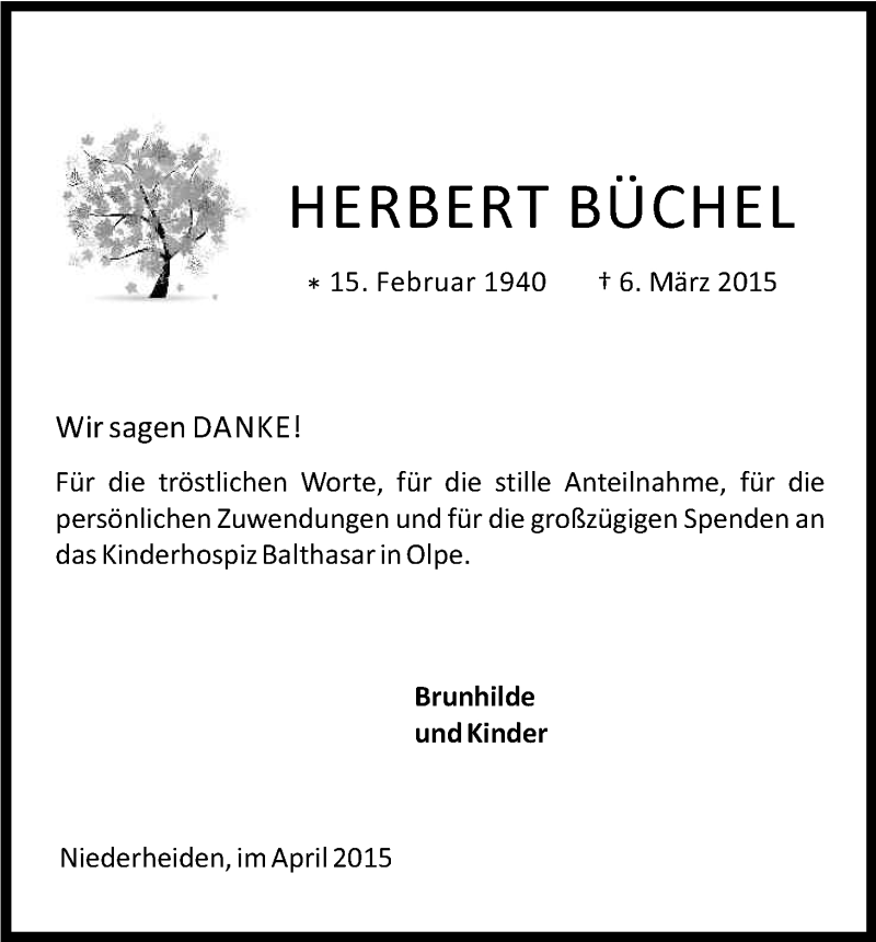  Traueranzeige für Herbert Büchel vom 08.04.2015 aus Kölner Stadt-Anzeiger / Kölnische Rundschau / Express