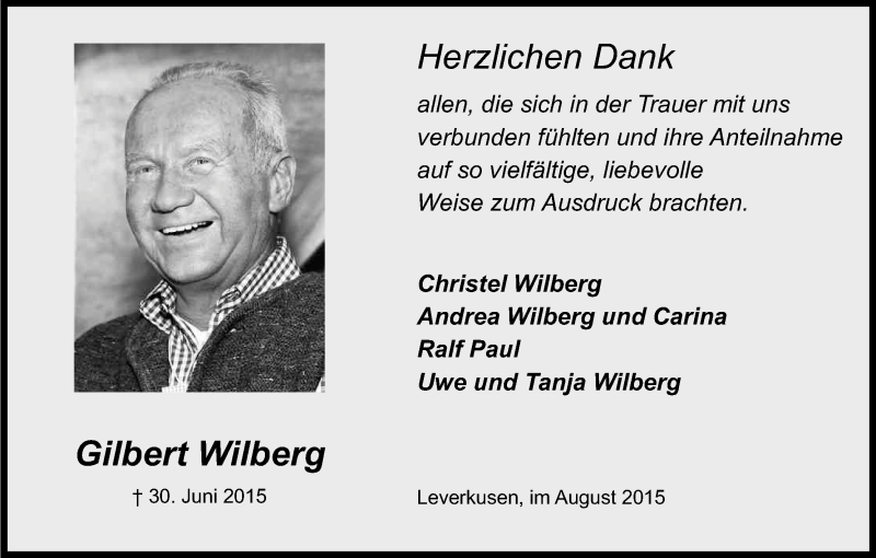  Traueranzeige für Gilbert Wilberg vom 15.08.2015 aus Kölner Stadt-Anzeiger / Kölnische Rundschau / Express
