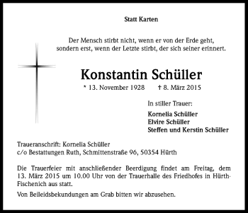 Anzeige von Konstantin Schüller von Kölner Stadt-Anzeiger / Kölnische Rundschau / Express