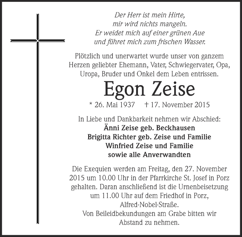  Traueranzeige für Egon Zeise vom 25.11.2015 aus  Kölner Wochenspiegel 