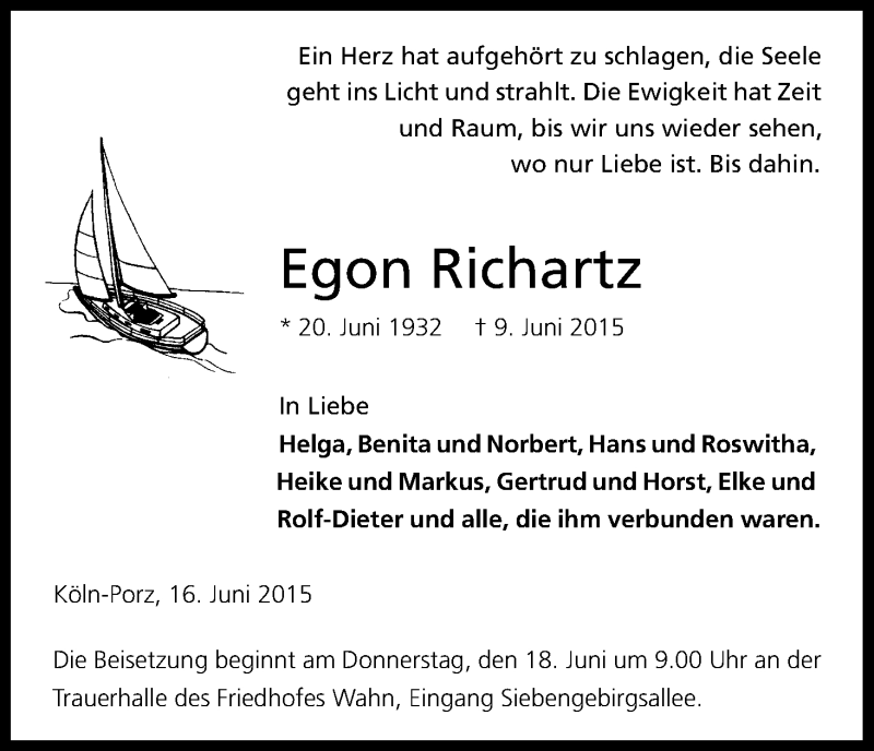  Traueranzeige für Egon Richartz vom 16.06.2015 aus Kölner Stadt-Anzeiger / Kölnische Rundschau / Express