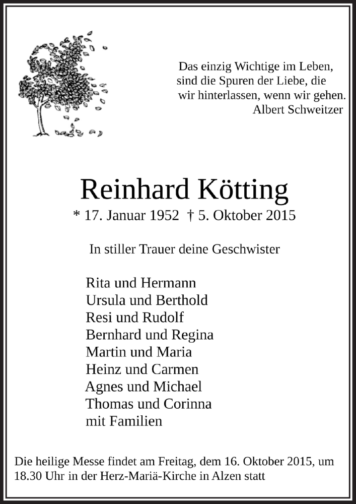  Traueranzeige für Reinhard Kötting vom 14.10.2015 aus  Lokalanzeiger 