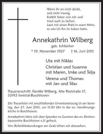 Anzeige von Annekathrin Wilberg von  Schaufenster/Blickpunkt 