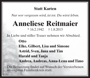 Anzeige von Anneliese Reitmaier von  Werbepost 