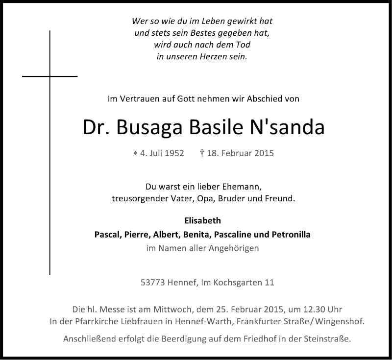  Traueranzeige für Busaga Basile N'sanda vom 21.02.2015 aus Kölner Stadt-Anzeiger / Kölnische Rundschau / Express