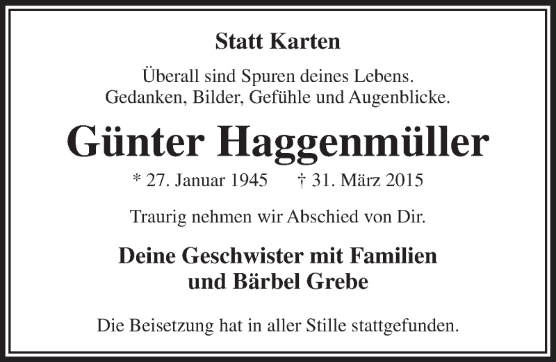  Traueranzeige für Günter Haggenmüller vom 11.04.2015 aus  Leverkusener Wochenende 